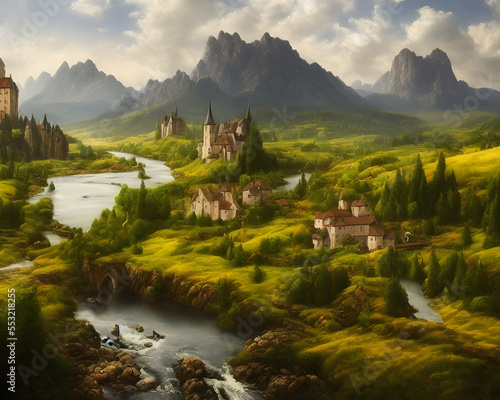 Oil painting of a medieval landscape