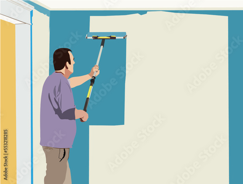 Illustration of a person painting on a wall using a paint roller