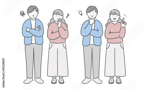 困った表情と笑顔の表情　全身イラスト素材  男女2人　夫婦　カップル
