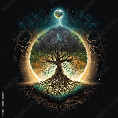 Golden Tree of life. Roots. Represents the afterlife, and connection between the earth and heaven. Generative ai.  photo