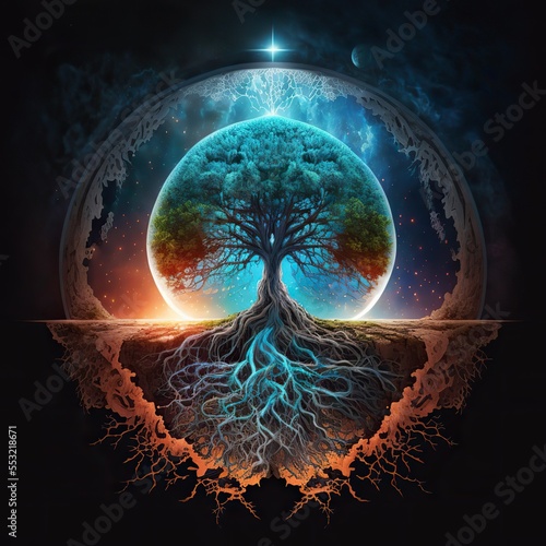 Golden Tree of life. Roots. Represents the afterlife, and connection between the earth and heaven. Generative ai. 