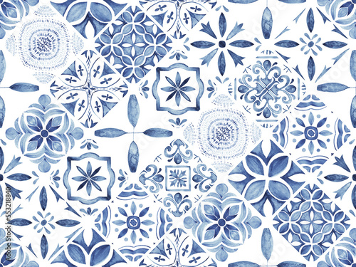 Portuguese ornamental Azulejo ceramic. Blue and white watercolor.