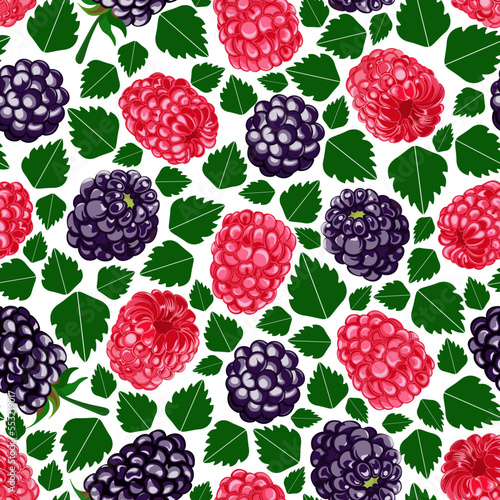 Seamless floral pattern-202. Forest berries, raspberries and blackberries, green leaves.