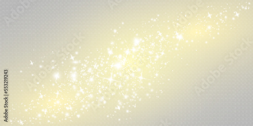 Abstract sparkling shiny texture. Shiny particle effect. Golden glittering trail of space star dust from shiny particles on a transparent background. Glare