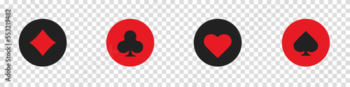 Set collection gambling sign symbol of playing card suits and chips for poker and casino. Hearts, clubs, diamonds and spades on an isolated transparent background.
