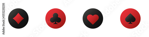 Set collection gambling sign symbol of playing card suits and chips for poker and casino. Hearts, clubs, diamonds and spades on an isolated white background.