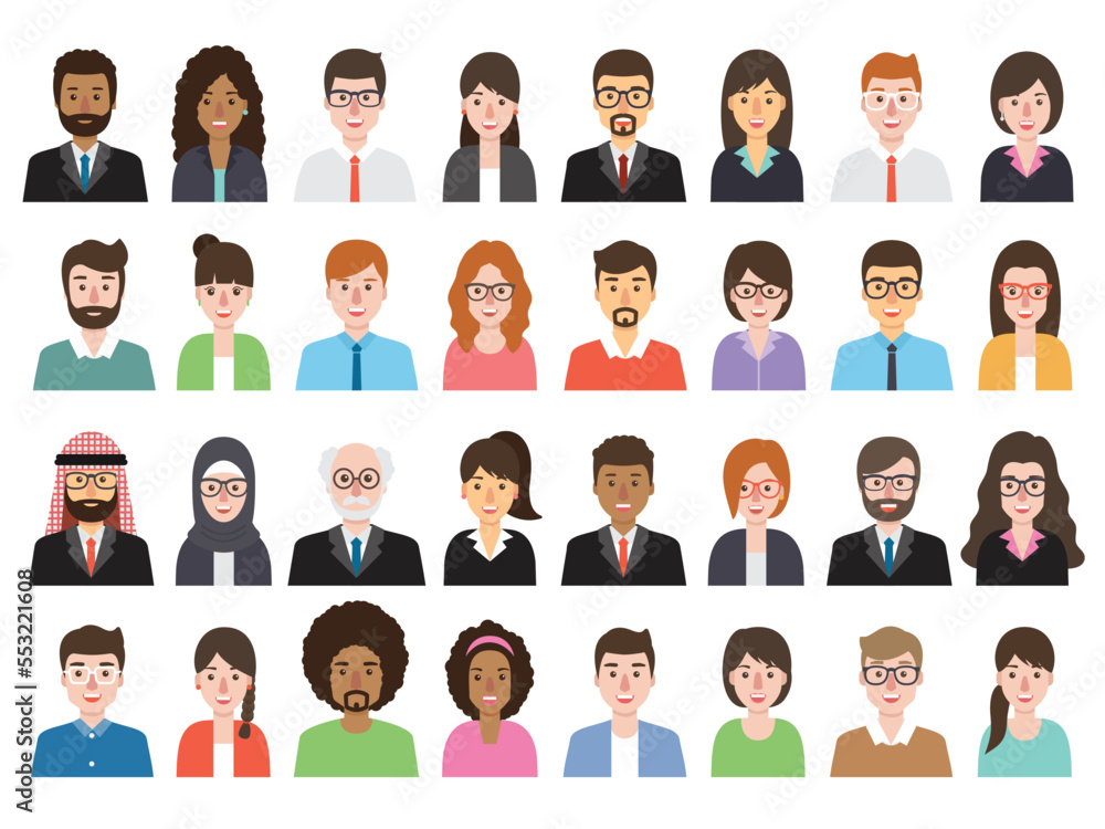 Group of working people diversity, diverse business men and women avatar icons. Vector illustration of flat design people characters. Group of working people diversity, diverse business men and women avatar icons. Vector illustration of flat design people characters.