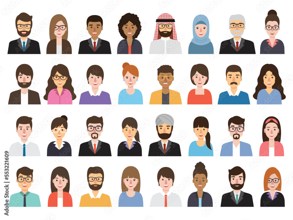 Group of working people diversity, diverse business men and women avatar icons. Vector illustration of flat design people characters. Group of working people diversity, diverse business men and women avatar icons. Vector illustration of flat design people characters.