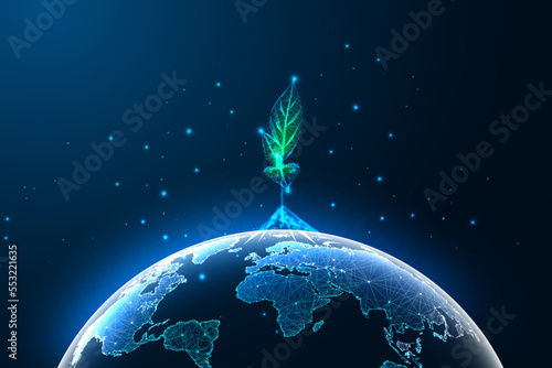 Futuristic sustainable future development concept with glowing polygonal planet Earth and plant 