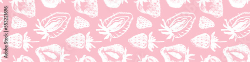 Pink strawberry pattern seamless, strawberries illustration for fabric ornament, textile design. Hand drawn vector red berry. Juice or jam label design. Red berries background. Strawberry backdrop.