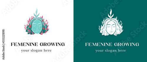 Logotipo diseño de mujer creciendo con flores en el pelo nacimiento resurgir crecimiento personal autocuidado selfcare planta semilla interior rosa celeste