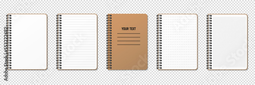 Realistic notepad. Lined, gridded and dotted sheets. Blank sheets of notebook with grid for homework and exercises. Vertical spiral. Creative vector illustration mock up diary.