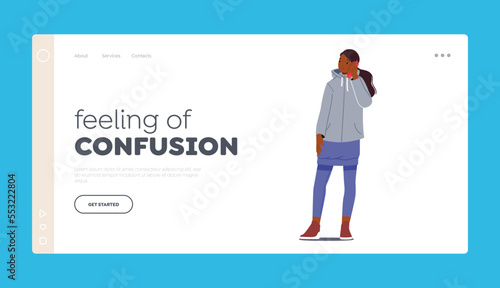 Feeling of Confusion Landing Page Template. Young Unhappy Girl Speaking by Phone, Teen with Gadget, Communication
