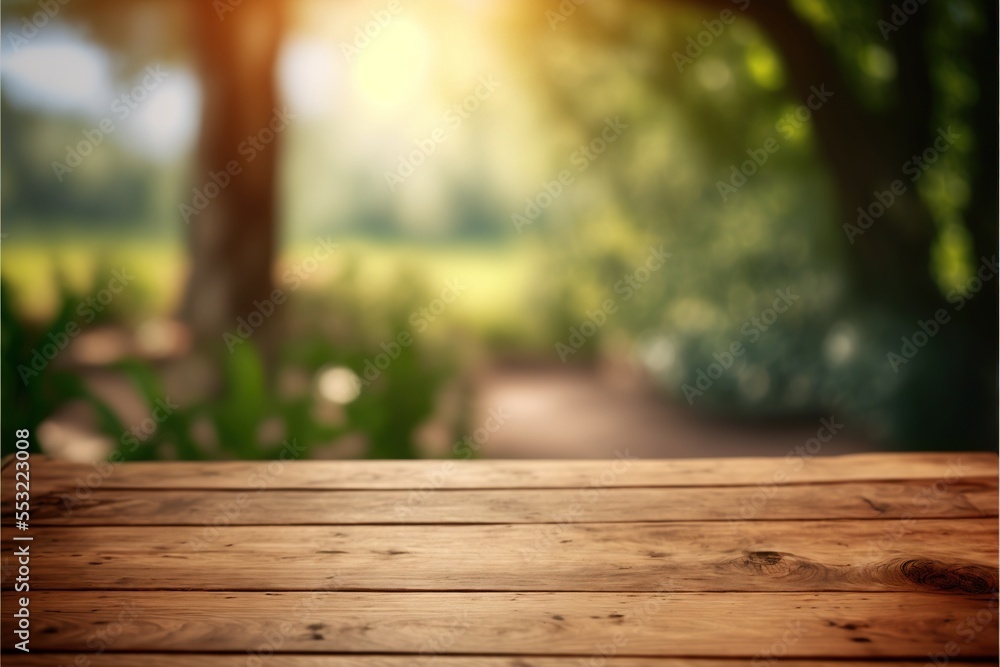 Rustic wooden table against blurred nature Generative AI background for product display Rustic wooden table against blurred nature Generative AI background for product display