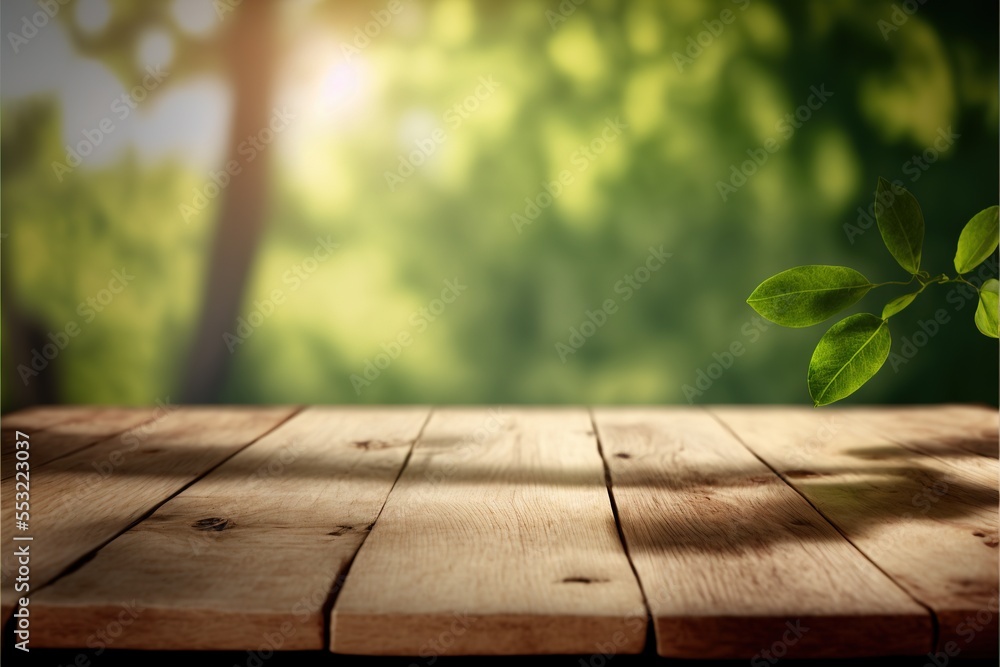 Rustic wooden table against blurred nature Generative AI background for product display Rustic wooden table against blurred nature Generative AI background for product display