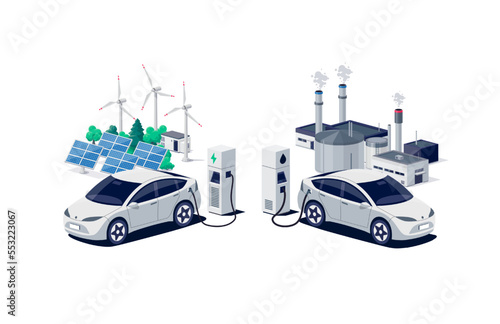 Comparing electric versus gasoline car. Electric vehicle charging vs. diesel vehicle refueling petrol gas station. Renewable clean solar wind energy with old dirty fossil refinery power generation.