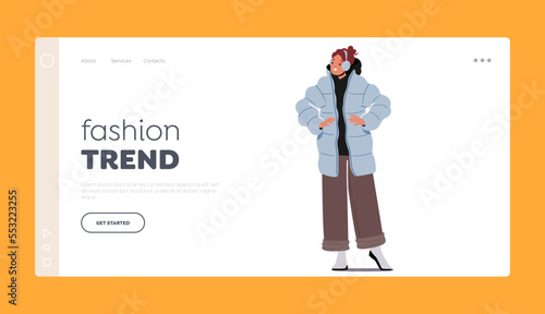 Wintertime Fashion Trend Landing Page Template. Girl Posing in Trendy Winter Apparel. Young Woman Wear Modern Jacket
