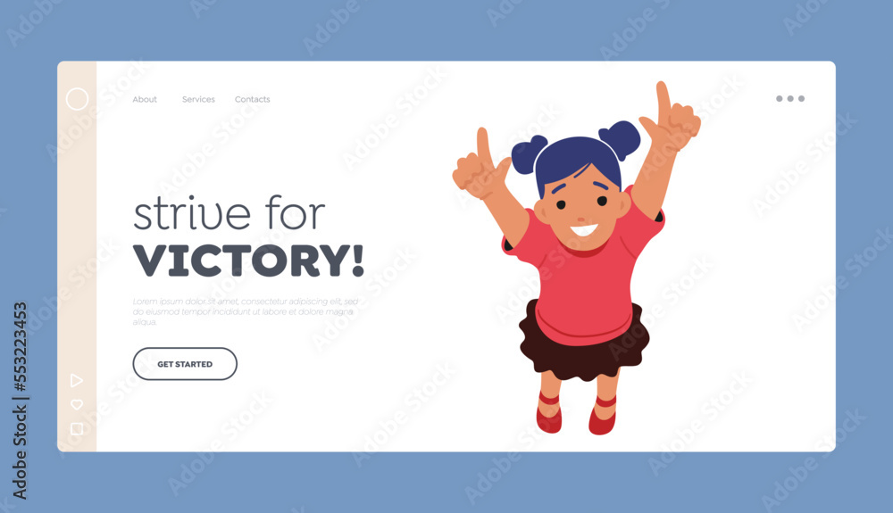 Fototapeta premium Strive for Victory Landing Page Template. Happy Baby Girl Looking Up and Pointing on Sky. Cheerful Child Character