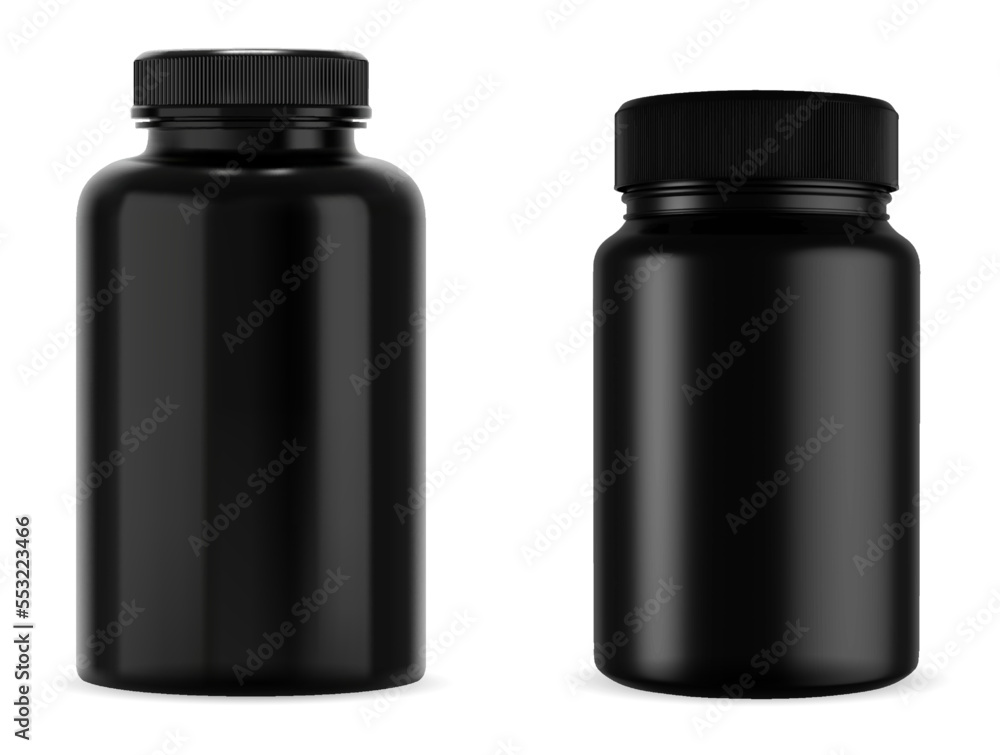 Black pill bottle with plastic cap. Glossy, isolated 3D vector mockup Black pill bottle with plastic cap. Glossy, isolated 3D vector mockup