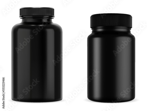 Black pill bottle with plastic cap. Glossy, isolated 3D vector mockup