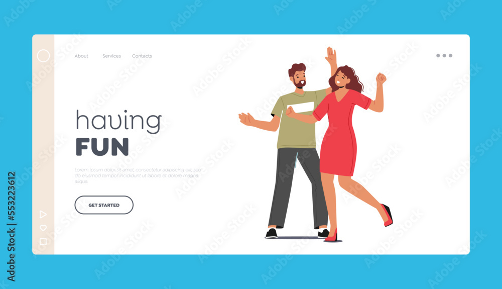 People Having Fun Landing Page Template. Young Couple Dancing, Active Man and Woman in Loving or Friendly Relations