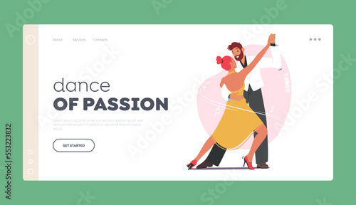 Dance of Passion Landing Page Template. Young Couple Dancing Tango, Male and Female Partners Characters Perform on Scene