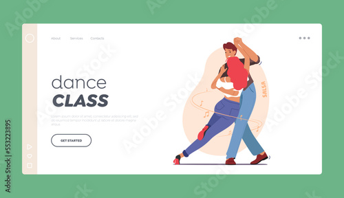 Dance Class, Performance or Hobby Landing Page Template. Young Couple Dancing Salsa. People Active Lifestyle