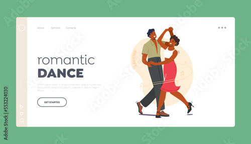 Romantic Dance Landing Page Template. Young Couple Dancing Bachata. Man and Woman Dancers Partners Perform on Stage