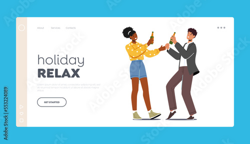 Holiday Relax Landing Page Template. Happy People Drink on Party. Friends Joy, Cheerful Employees Young Characters