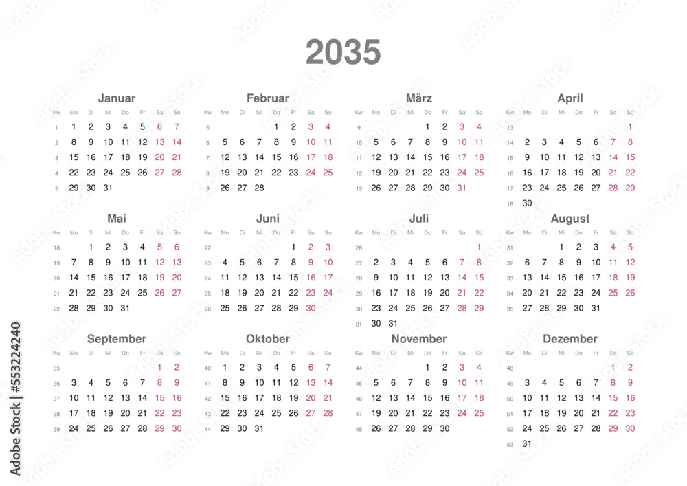 Kalender 2035, deutsch, Querformat