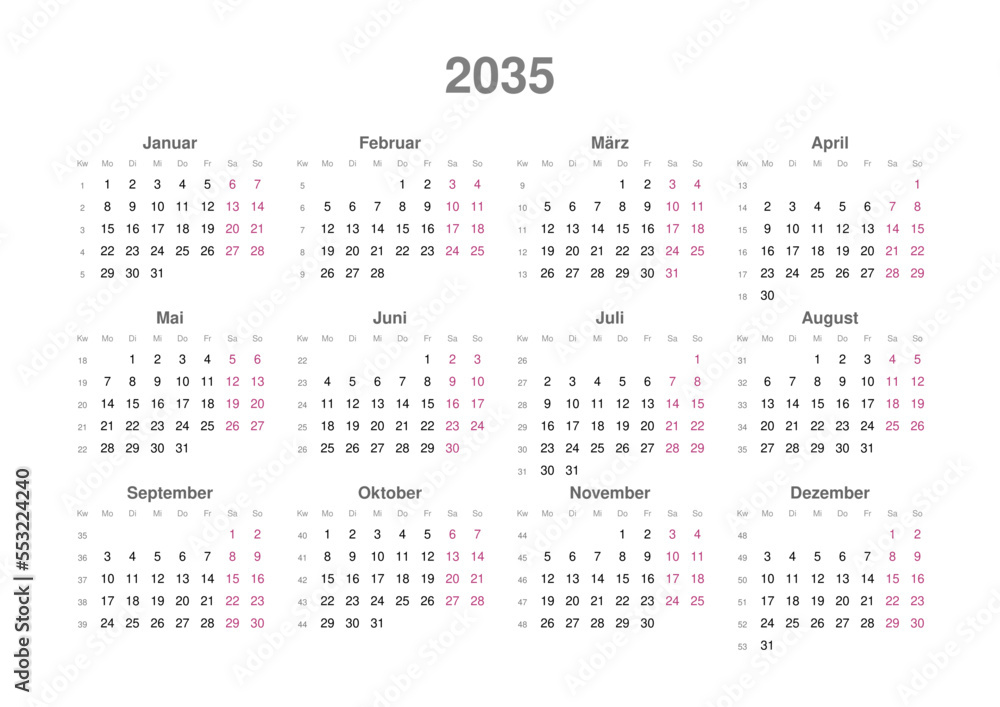 Kalender 2035, deutsch, Querformat Kalender 2035, deutsch, Querformat
