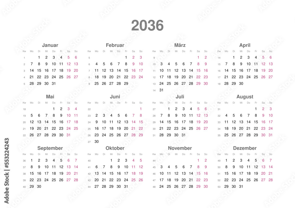 Kalender 2036, deutsch, Querformat