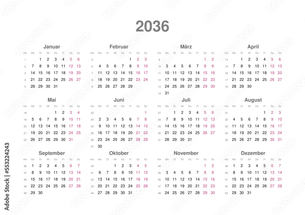 Kalender 2036, deutsch, Querformat Kalender 2036, deutsch, Querformat