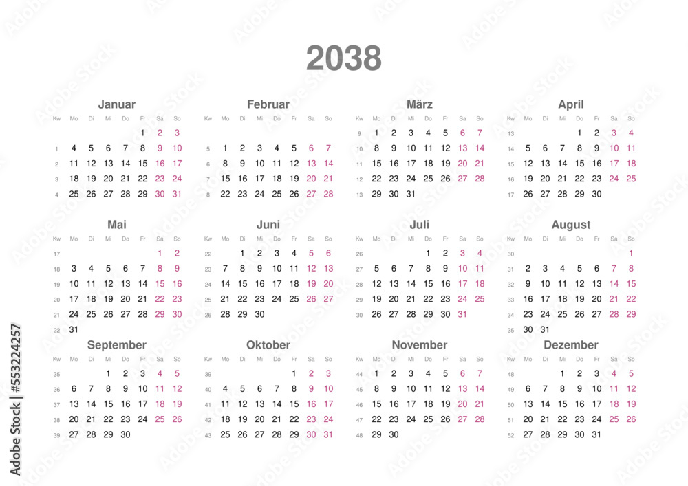 Kalender 2038, deutsch, Querformat Kalender 2038, deutsch, Querformat