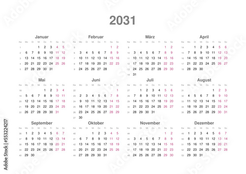 Kalender 2031, deutsch, Querformat