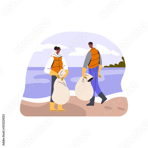 Volunteers cleaning beach from trash, garbage. People, bag, collected litter from sea coast. Voluntary activity in nature environment for ecology. Flat vector illustration isolated on white background