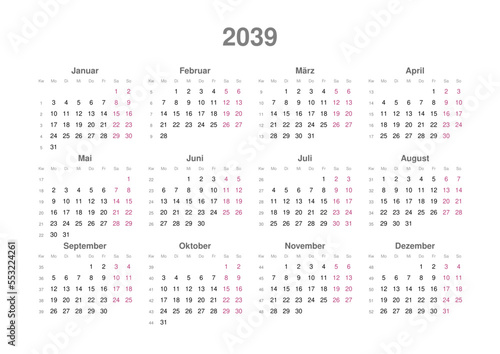 Kalender 2039  deutsch  Querformat