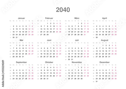 Kalender 2040, deutsch, Querformat