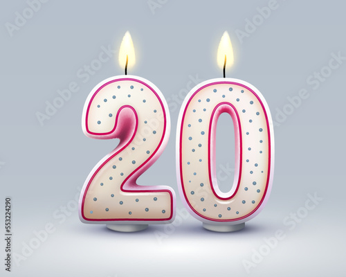 Happy Birthday years. 20 anniversary of the birthday, Candle in the form of numbers. Vector