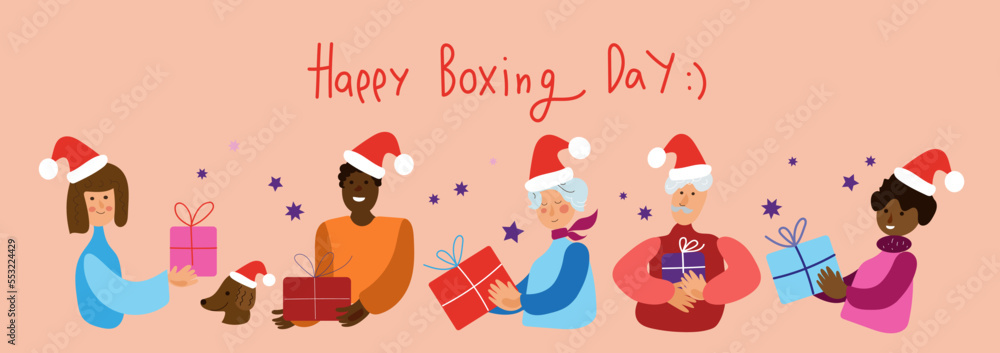 Men and women of different genders and ages give each other gifts, Xmas eve. Boxing day. New year celebration, concept banner, poster modern flat vector illustration