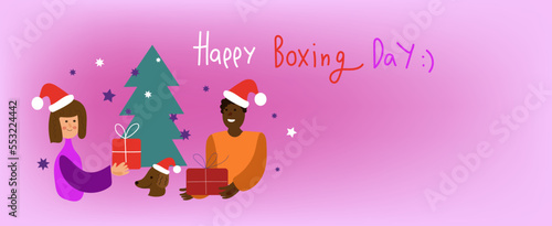 Young woman and man give each other gifts, Xmas eve. Boxing day. New year celebration, concept banner, poster modern flat vector illustration