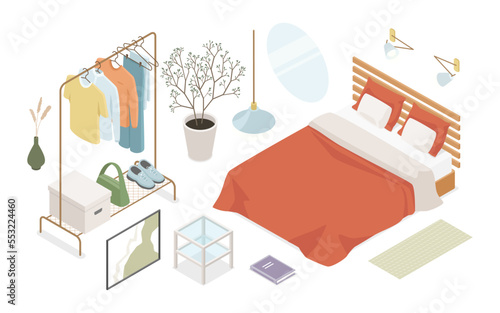Furniture for bedroom and dressing room - modern isometric illustrations set
