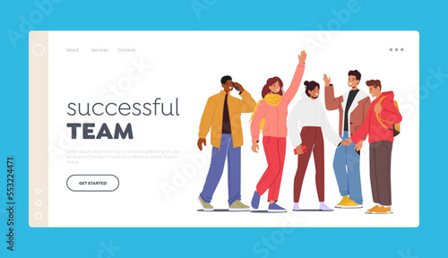 Successful Team Landing Page Template. Friends Communication, Group of Cheerful Happy Young People Rejoice, Laughing