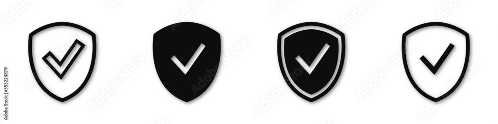 Shield check mark icon set. Protection approve sign. Safe icon. Tick and cross icons. Vector illustration on a white background. Shield check mark icon set. Protection approve sign. Safe icon. Tick and cross icons. Vector illustration on a white background.