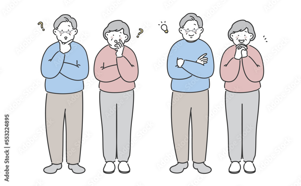 困った表情と笑顔の表情　全身イラスト素材　シニア男女2人　老夫婦