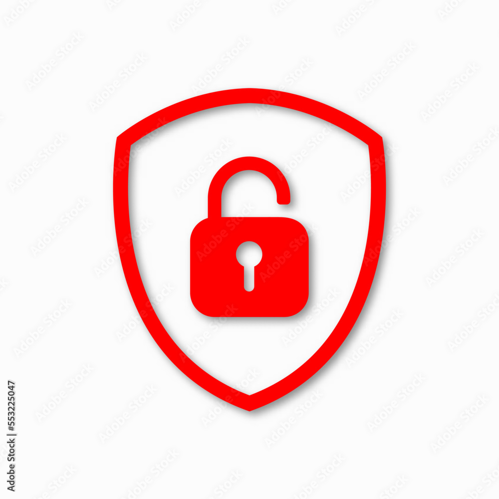 Icon or symbol of a shield with a opened padlock. Sign unlock on a white background. Vector illustration. Icon or symbol of a shield with a opened padlock. Sign unlock on a white background. Vector illustration.