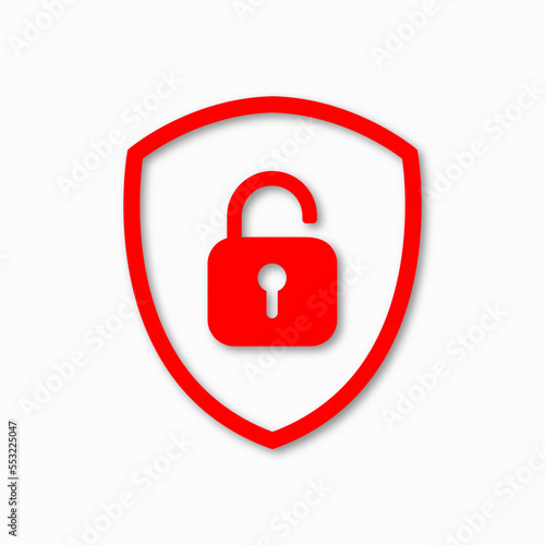 Icon or symbol of a shield with a opened padlock. Sign unlock on a white background. Vector illustration.