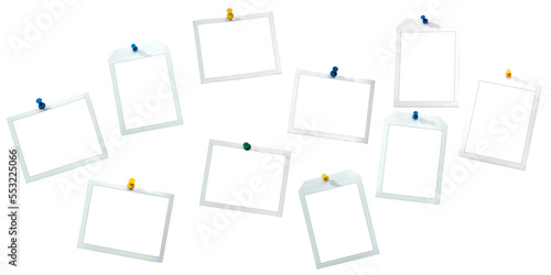 Obraz na płótnie Instant frames hang on wall with colored pins. Isolated on White with clipping path w salonie