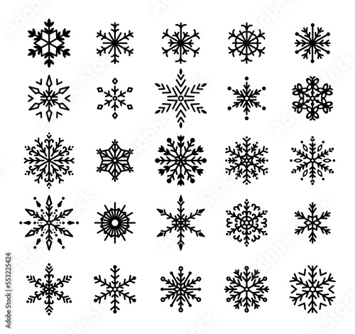 Snowflakes on white background. Winter flat decorations. Frozen symbol. Hand drawn snowflake. Christmas and New year design elements. Vector illustration.