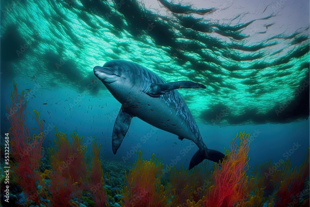 Fototapeta premium Dolphin underwater Generative AI scene